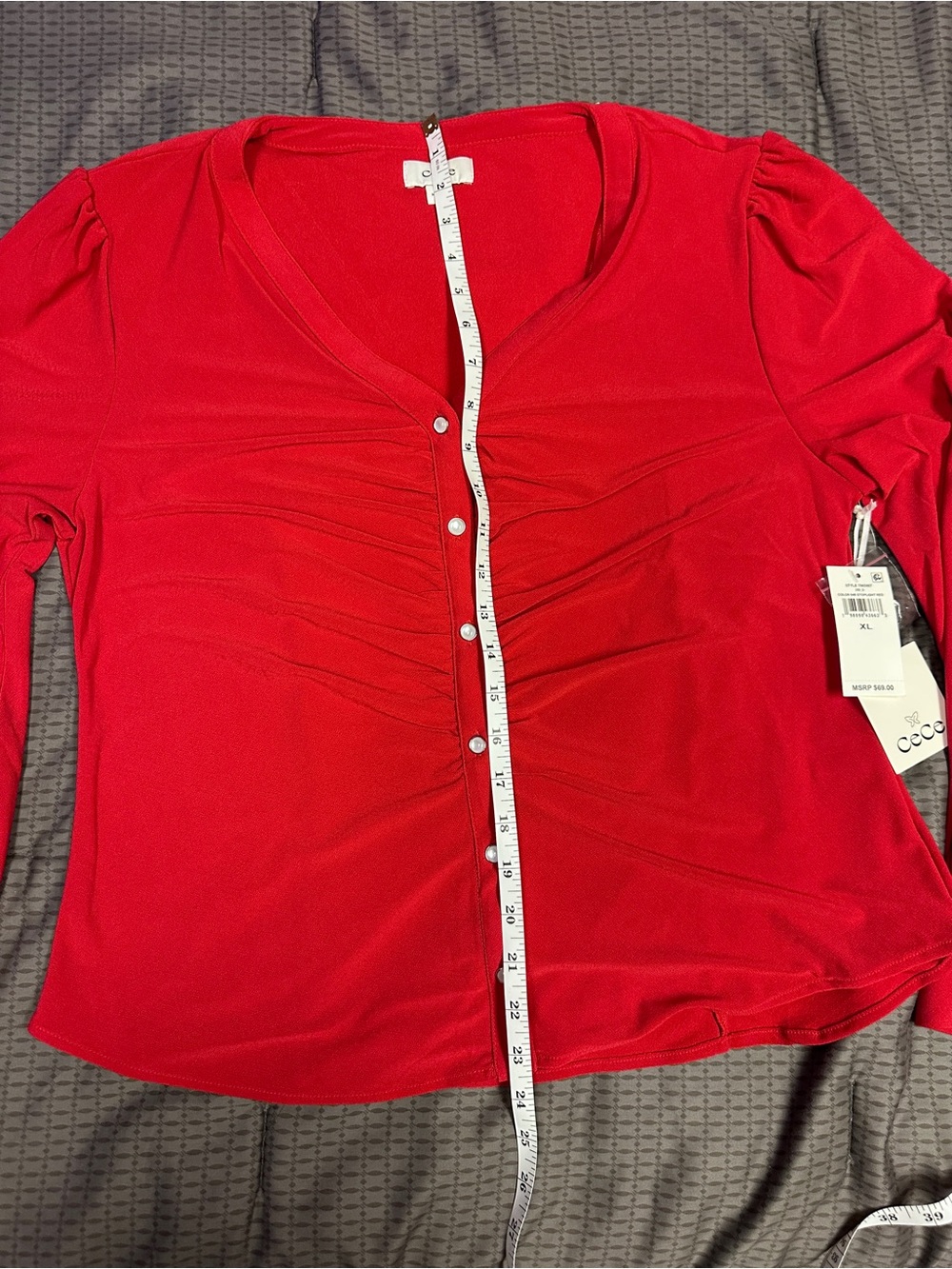 CeCe V-Neck Red Ruched Button-Front Blouse - Picture 5 of 5